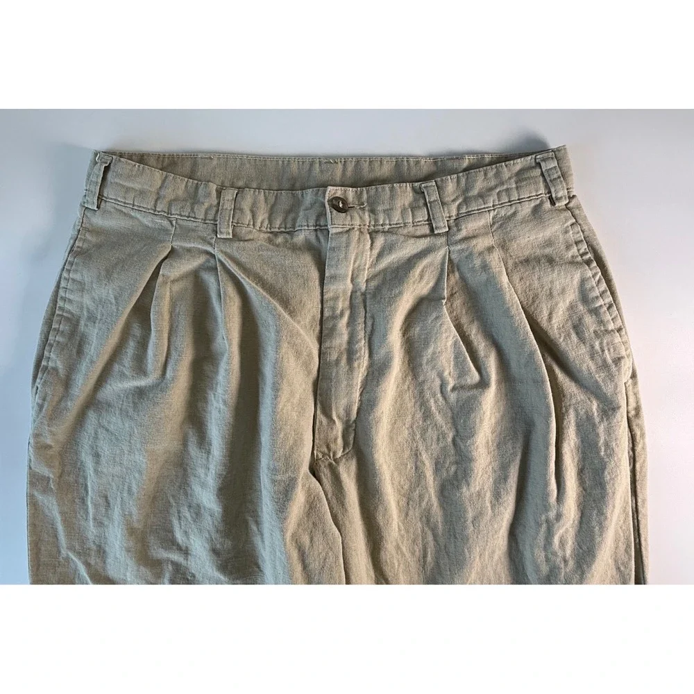 Salute Oleg Cassini Vintage Linen Cotton Pleated Pants 38x30 Khaki Tan Cuffed